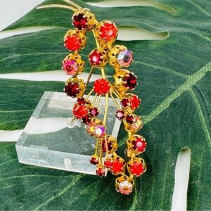 Vintage Austria 60s Rhinestone Brooch Pin AB Ice Red Pink Gold Tone Wire Leaf